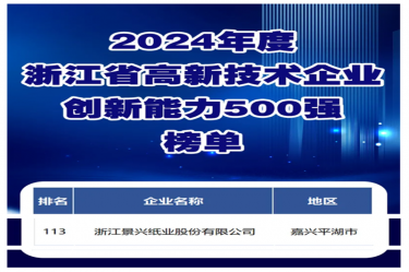 喜报！景兴纸业入选浙江省高新技术企业创新能力500强榜单